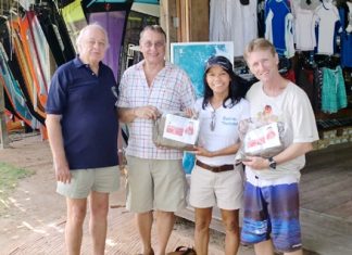 Amara Wichithong (2nd right), managing director of Amara Watersports.com Pattaya, is flanked by her husband Craig Thompson and President Carl R Dyson and Ferenc, CM and Dir. of PR of the RCES 2 days before leaving for Nakhon Sawan, Chainat, Singburi and Ang Thong.
